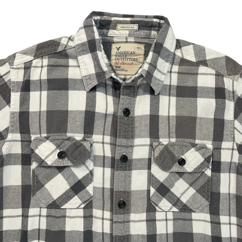 American Eagle Flannel Shirt Men's Medium Athletic Fit Gray and White Plaid